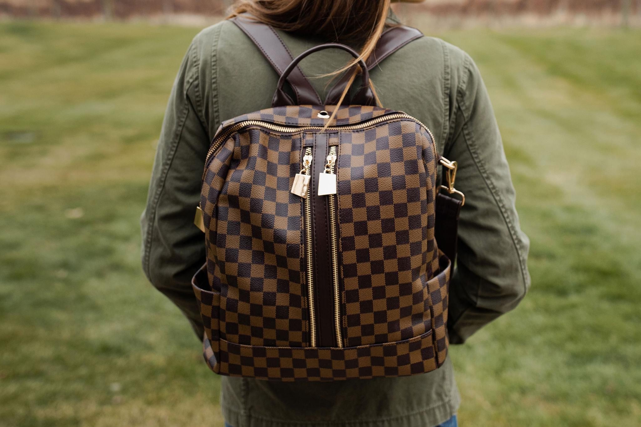 Brown Checkered Backpack/purse